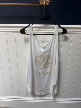 Be Love Yoga Studio White Tank Top with Beige Logo — Women's Yoga Tank